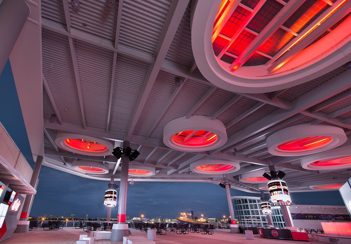 Architectural dusk view of the of the FTX Arena terrace in Miami, FL.